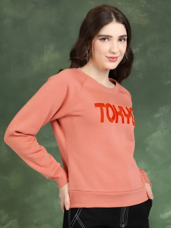  Tokyo Talkies Women Orange Printed Pullover Round Neck Sweatshirts