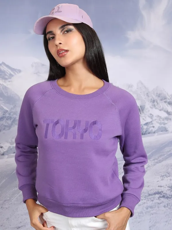  Tokyo Talkies Women Purple Printed Pullover Round Neck Sweatshirts