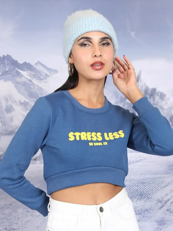  Tokyo Talkies Women Blue Printed Pullover Round Neck Sweatshirts