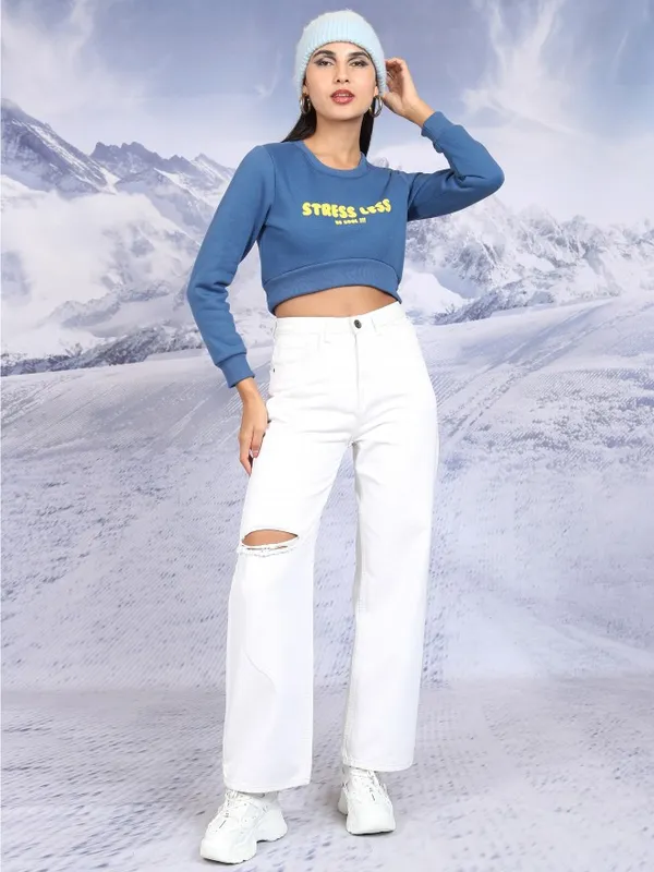  Tokyo Talkies Women Blue Printed Pullover Round Neck Sweatshirts