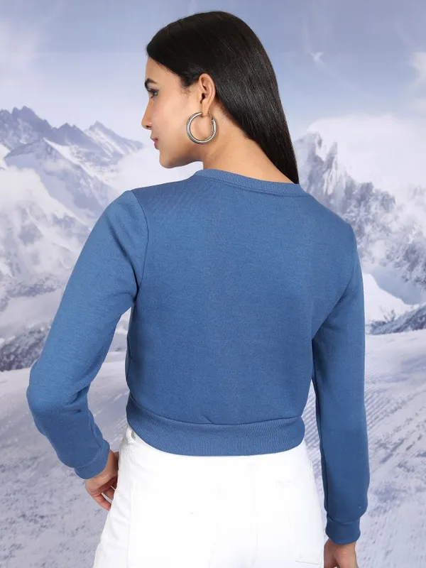  Tokyo Talkies Women Blue Printed Pullover Round Neck Sweatshirts