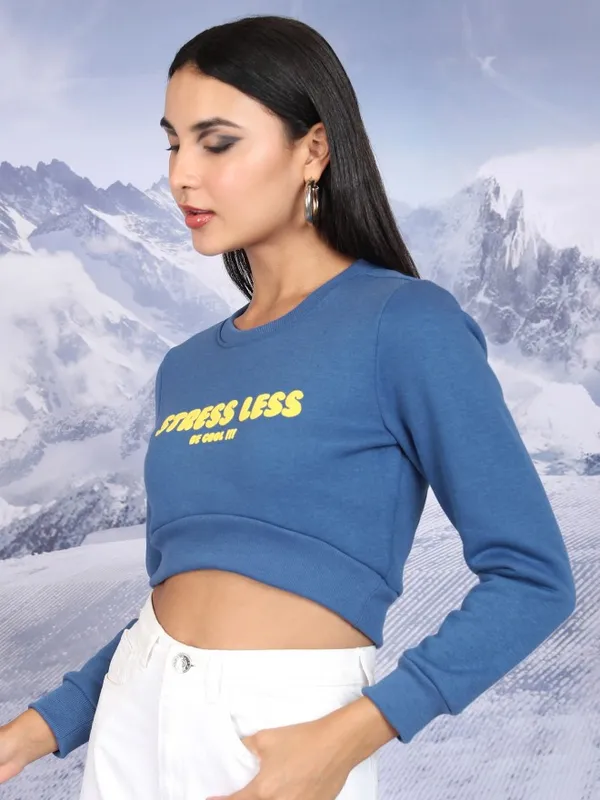  Tokyo Talkies Women Blue Printed Pullover Round Neck Sweatshirts