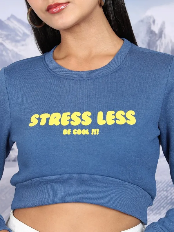  Tokyo Talkies Women Blue Printed Pullover Round Neck Sweatshirts