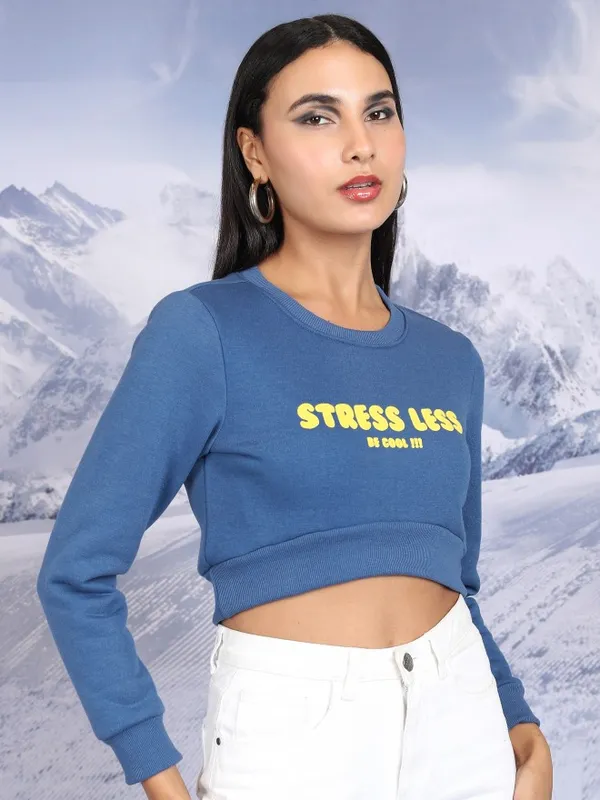  Tokyo Talkies Women Blue Printed Pullover Round Neck Sweatshirts