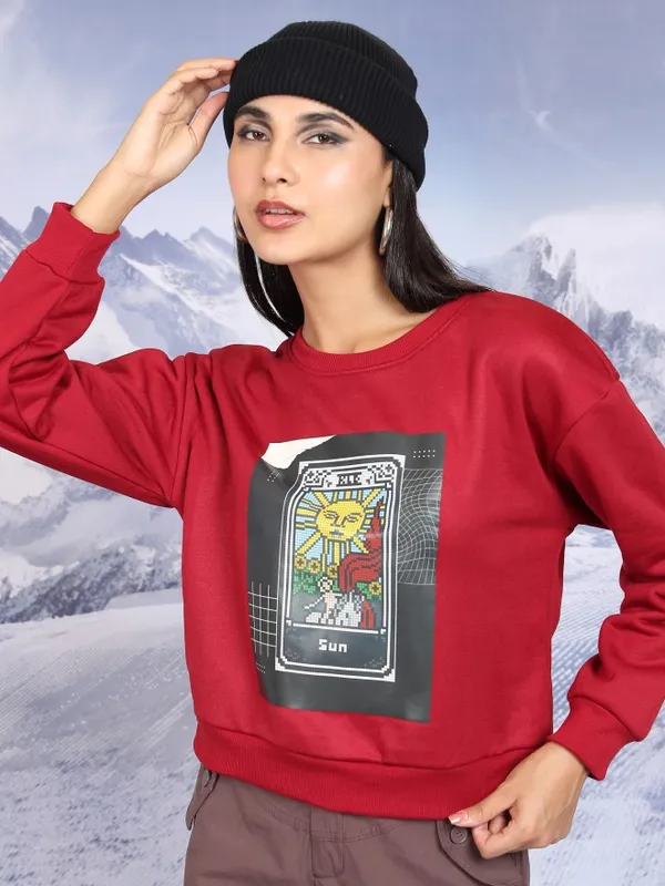  Tokyo Talkies Women Red Printed Pullover Round Neck Sweatshirts