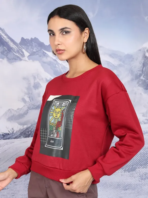  Tokyo Talkies Women Red Printed Pullover Round Neck Sweatshirts