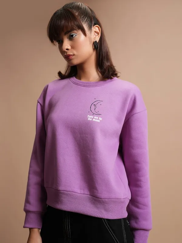  Tokyo Talkies Women Purple Printed Pullover Round Neck Sweatshirts