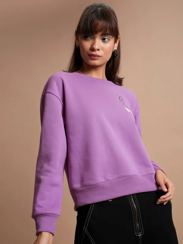  Tokyo Talkies Women Purple Printed Pullover Round Neck Sweatshirts