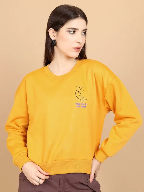  Tokyo Talkies Women Yellow Printed Pullover Round Neck Sweatshirts