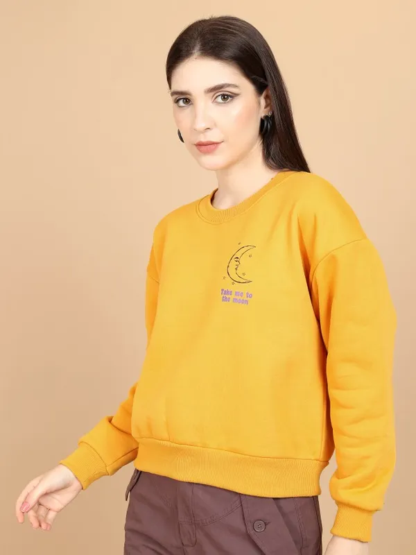  Tokyo Talkies Women Yellow Printed Pullover Round Neck Sweatshirts