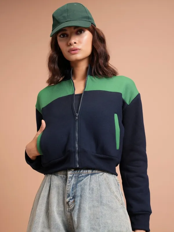  Tokyo Talkies Women Navy Blue Printed Pullover High Neck Sweatshirts