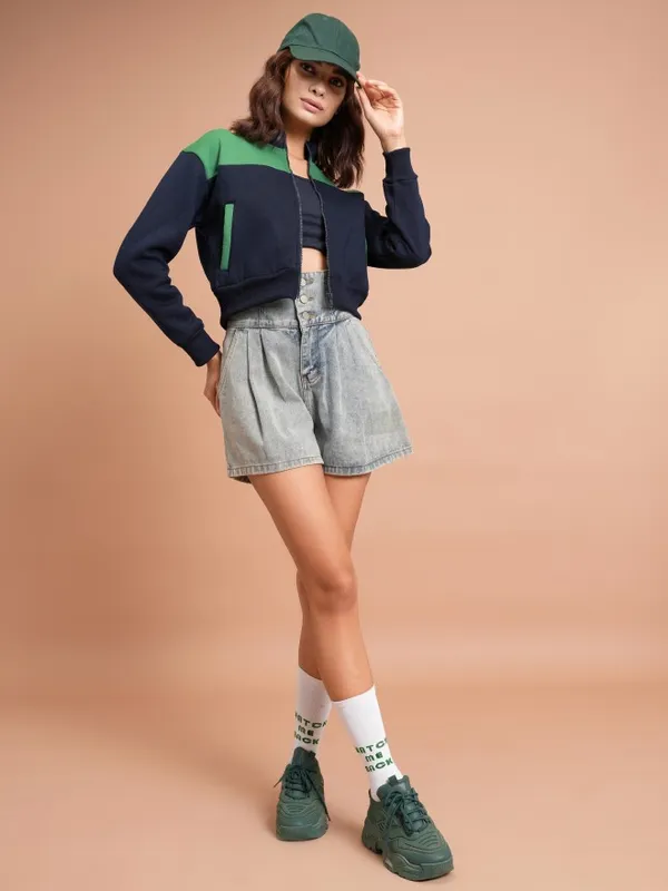  Tokyo Talkies Women Navy Blue Printed Pullover High Neck Sweatshirts