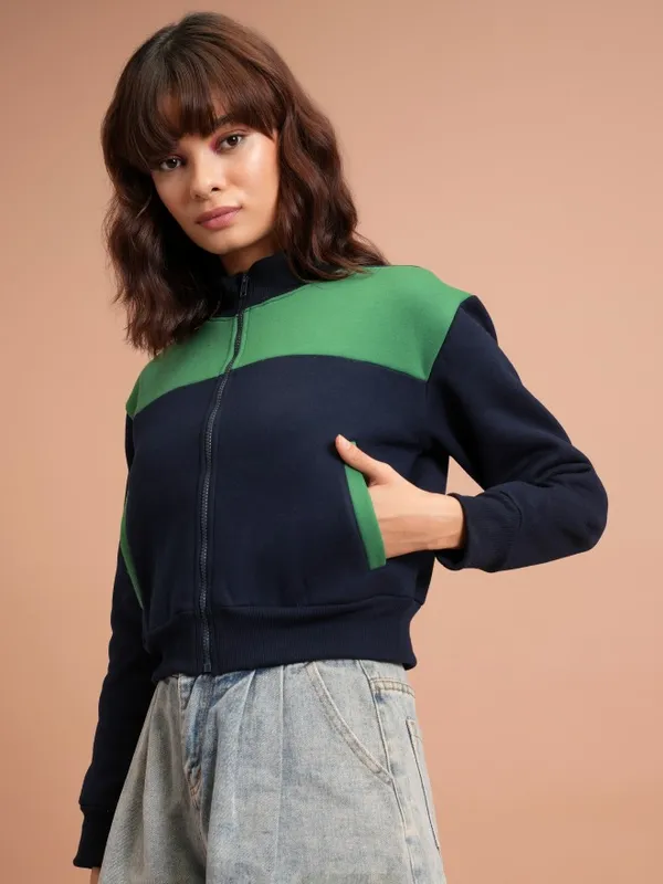  Tokyo Talkies Women Navy Blue Printed Pullover High Neck Sweatshirts