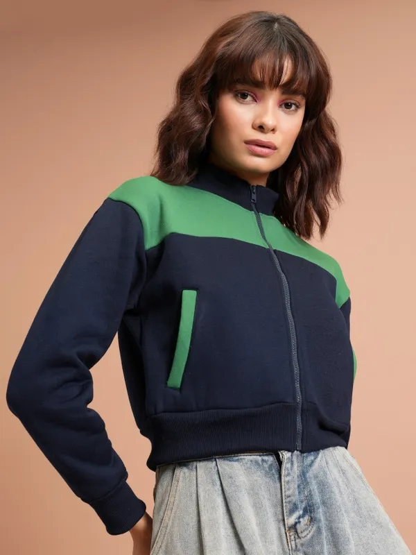  Tokyo Talkies Women Navy Blue Printed Pullover High Neck Sweatshirts