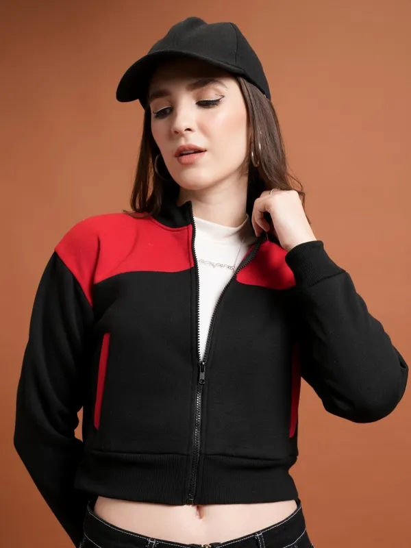  Tokyo Talkies Women Black Colourblocked Front-Open High Neck Sweatshirts