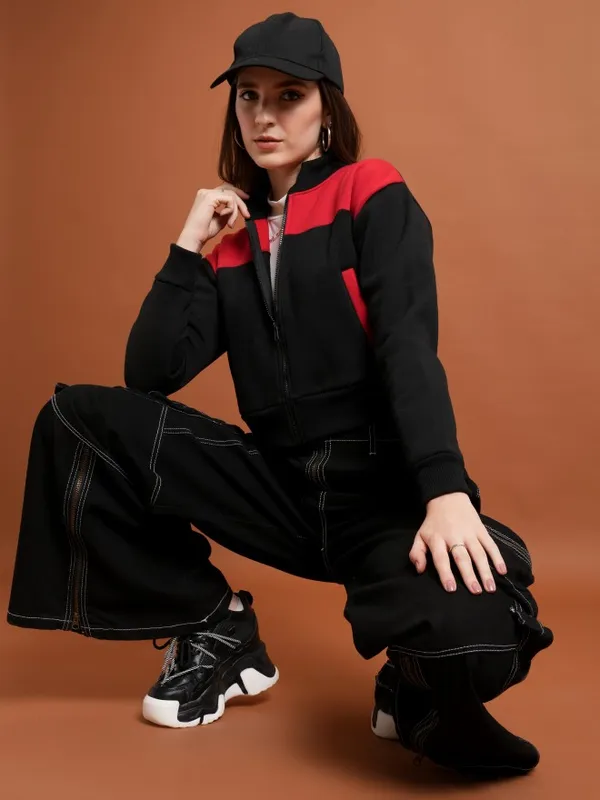  Tokyo Talkies Women Black Colourblocked Front-Open High Neck Sweatshirts