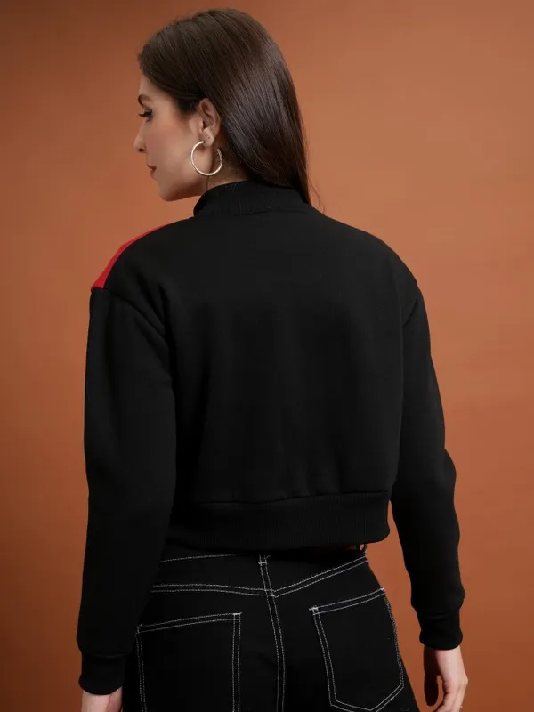  Tokyo Talkies Women Black Colourblocked Front-Open High Neck Sweatshirts