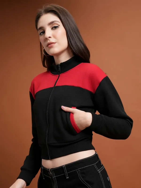  Tokyo Talkies Women Black Colourblocked Front-Open High Neck Sweatshirts