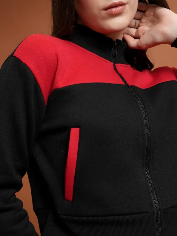  Tokyo Talkies Women Black Colourblocked Front-Open High Neck Sweatshirts