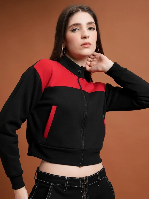  Tokyo Talkies Women Black Colourblocked Front-Open High Neck Sweatshirts