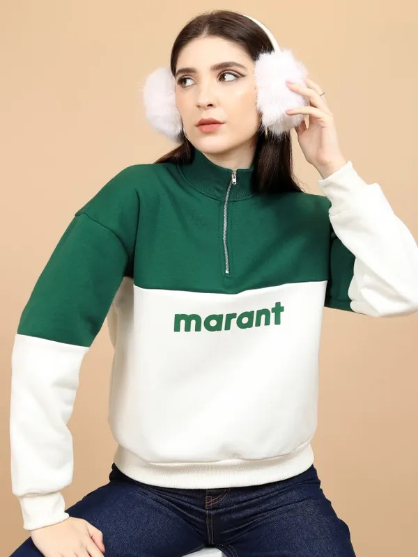  Tokyo Talkies Women Green Printed Pullover High Neck Sweatshirts