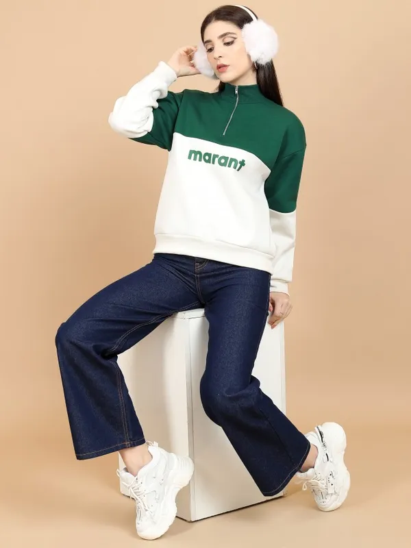  Tokyo Talkies Women Green Printed Pullover High Neck Sweatshirts