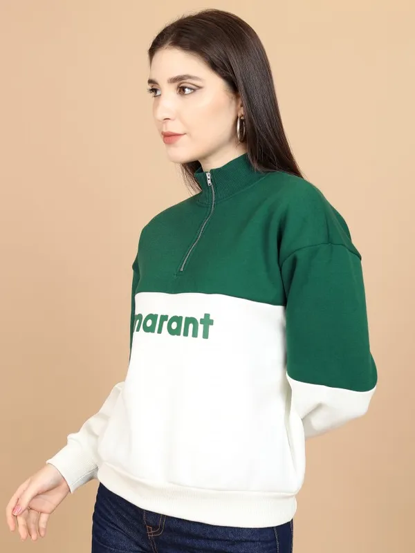  Tokyo Talkies Women Green Printed Pullover High Neck Sweatshirts