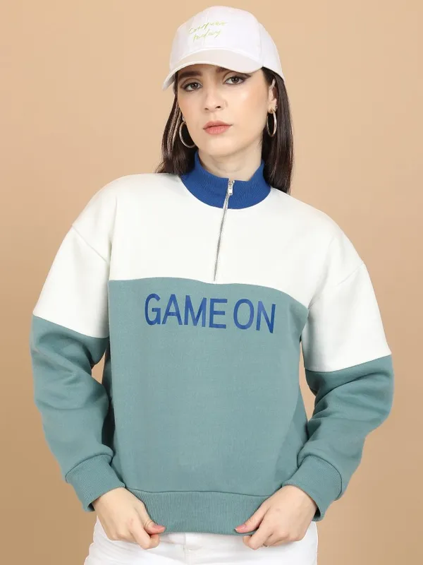  Tokyo Talkies Women Blue Printed Pullover High Neck Sweatshirts