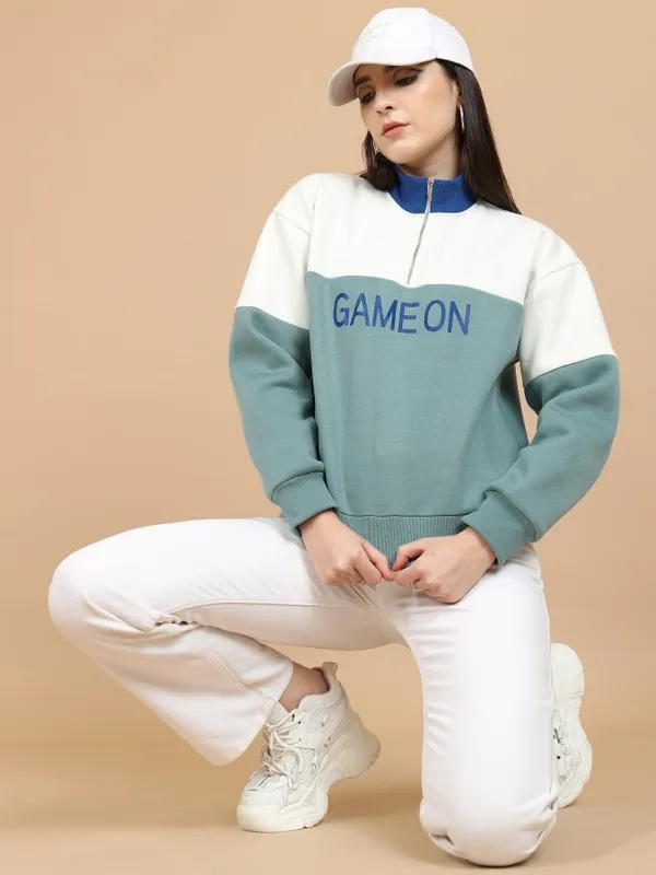  Tokyo Talkies Women Blue Printed Pullover High Neck Sweatshirts