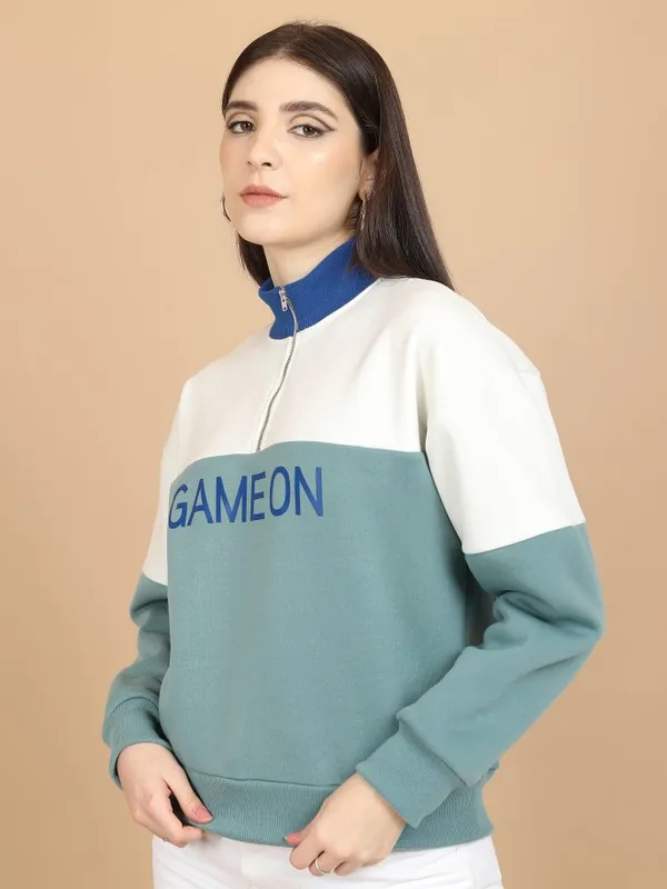  Tokyo Talkies Women Blue Printed Pullover High Neck Sweatshirts
