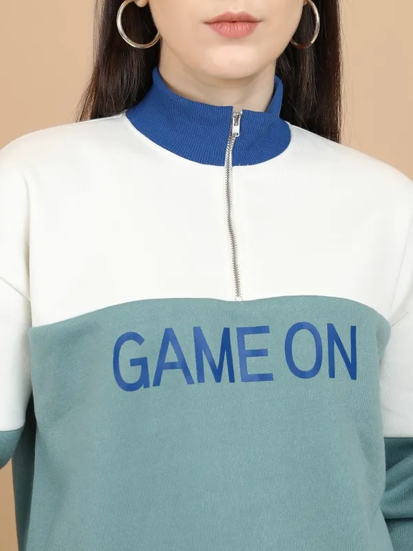  Tokyo Talkies Women Blue Printed Pullover High Neck Sweatshirts