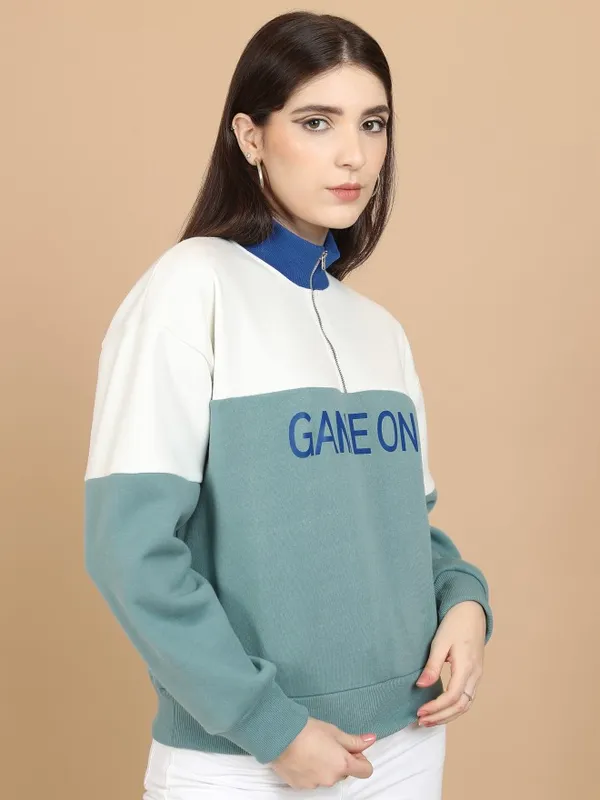  Tokyo Talkies Women Blue Printed Pullover High Neck Sweatshirts
