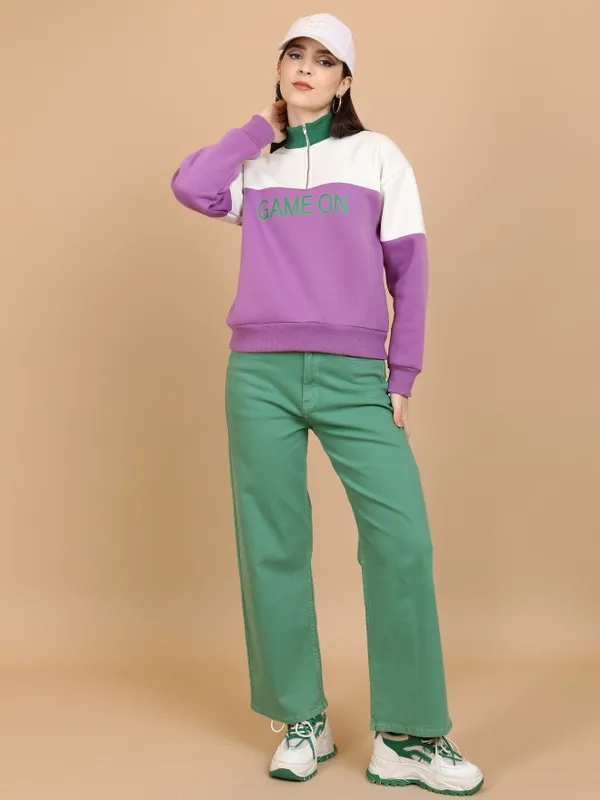  Tokyo Talkies Women Purple Printed Pullover High Neck Sweatshirts