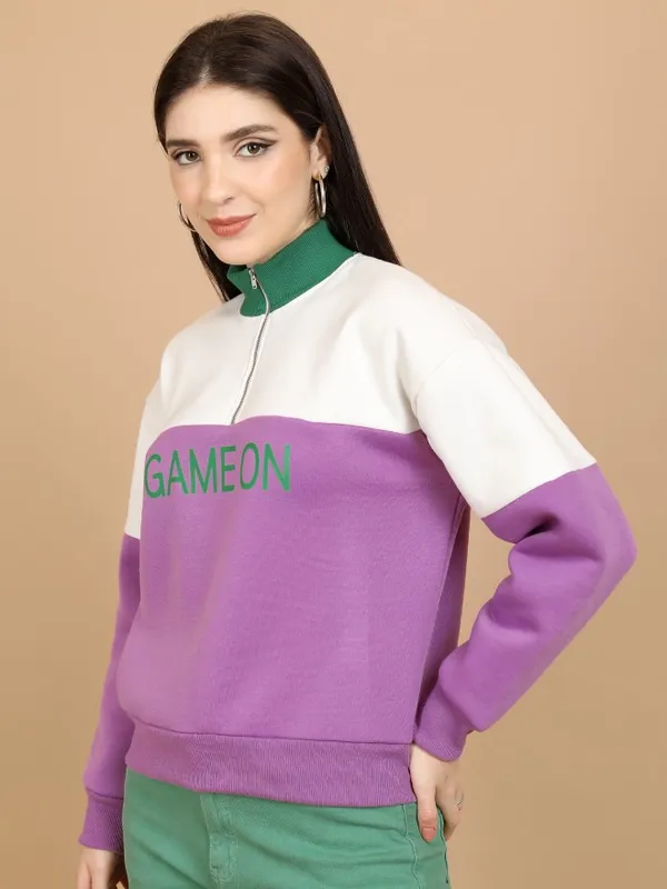  Tokyo Talkies Women Purple Printed Pullover High Neck Sweatshirts