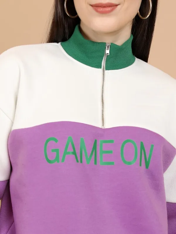  Tokyo Talkies Women Purple Printed Pullover High Neck Sweatshirts