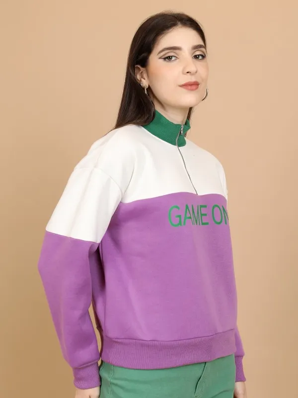  Tokyo Talkies Women Purple Printed Pullover High Neck Sweatshirts