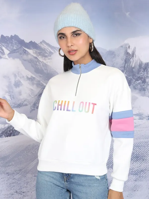  Tokyo Talkies Women White Printed Pullover High Neck Sweatshirts