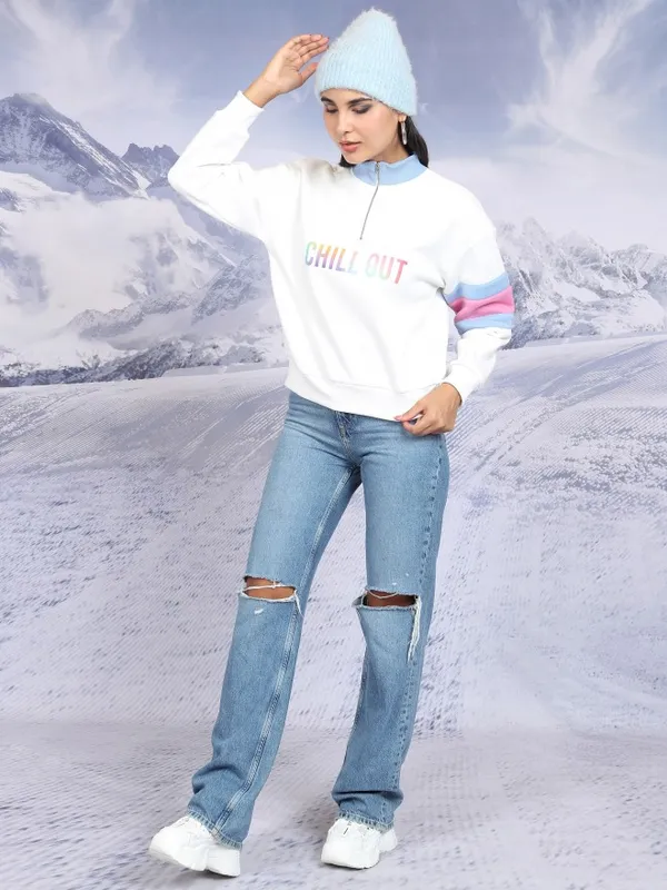  Tokyo Talkies Women White Printed Pullover High Neck Sweatshirts