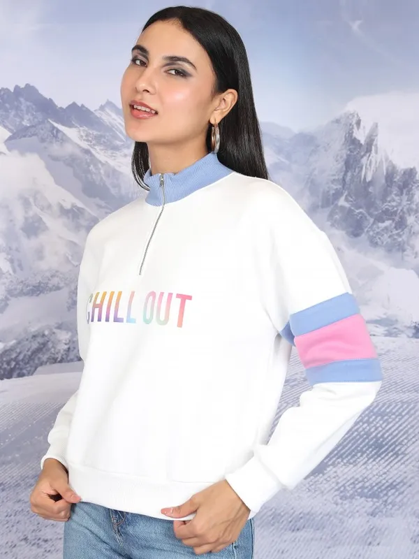  Tokyo Talkies Women White Printed Pullover High Neck Sweatshirts