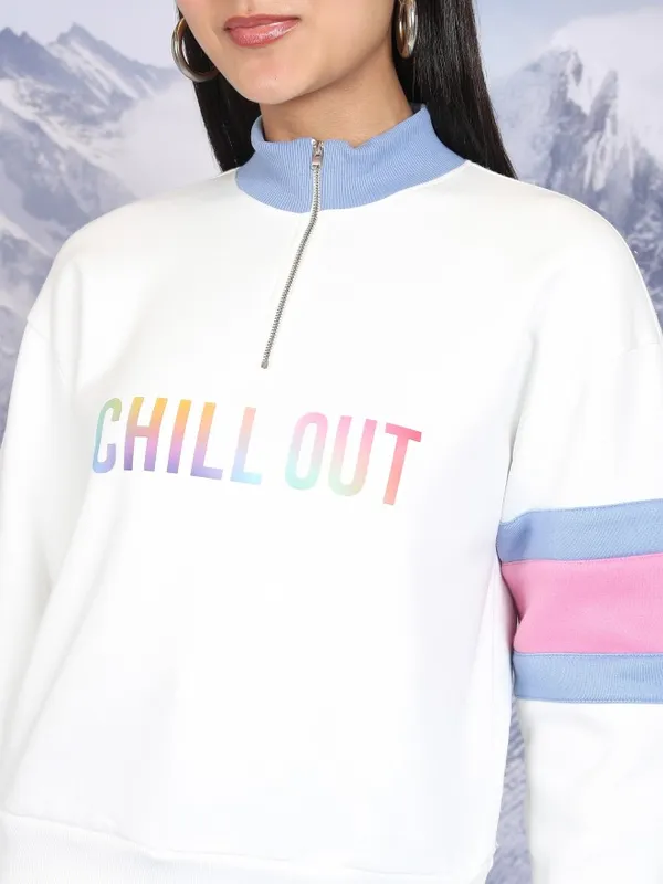  Tokyo Talkies Women White Printed Pullover High Neck Sweatshirts