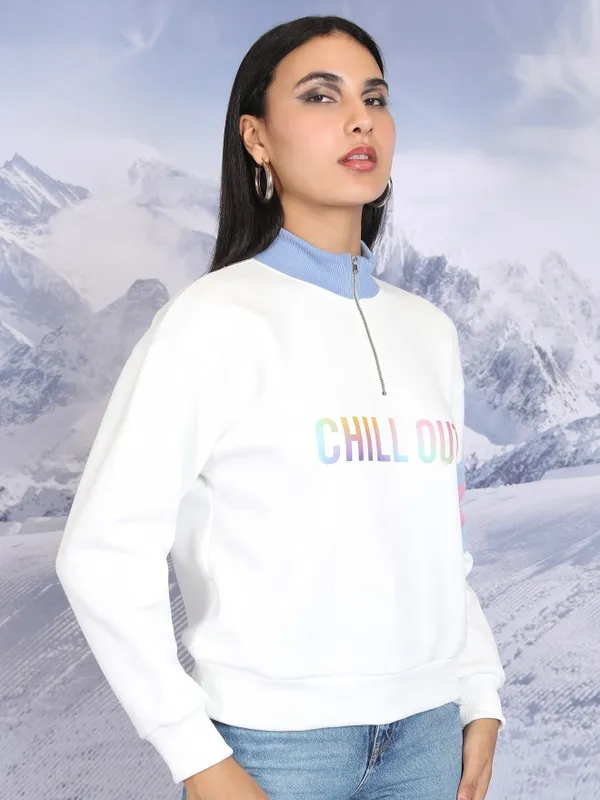  Tokyo Talkies Women White Printed Pullover High Neck Sweatshirts