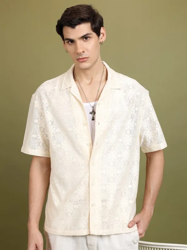  Highlander Men Cream Self Design Oversized Fit Casual Shirts