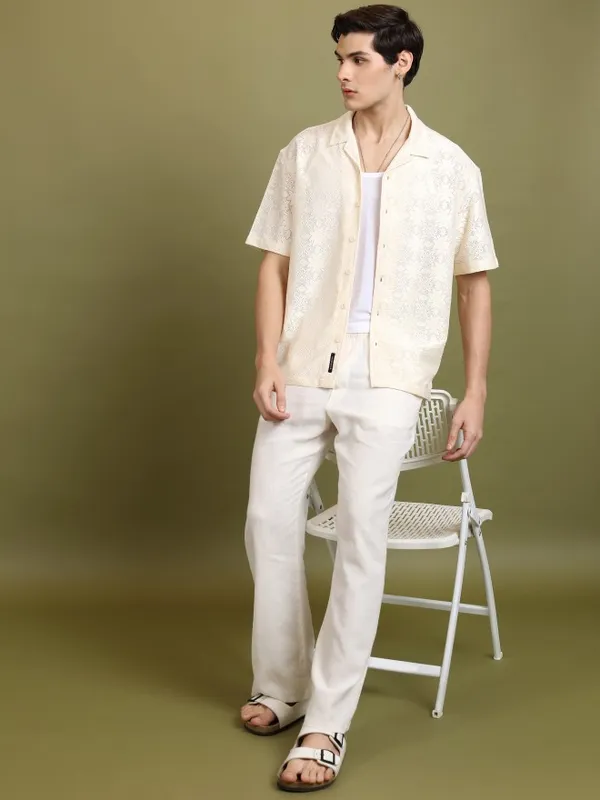  Highlander Men Cream Self Design Oversized Fit Casual Shirts