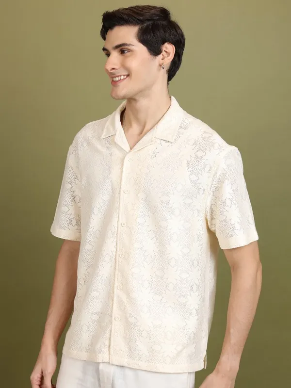  Highlander Men Cream Self Design Oversized Fit Casual Shirts