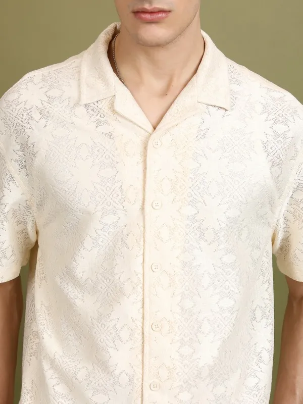  Highlander Men Cream Self Design Oversized Fit Casual Shirts