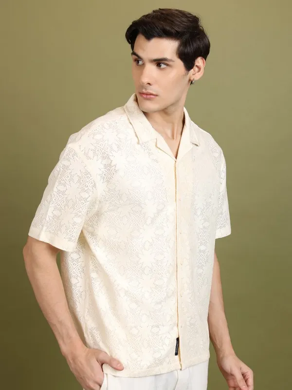  Highlander Men Cream Self Design Oversized Fit Casual Shirts