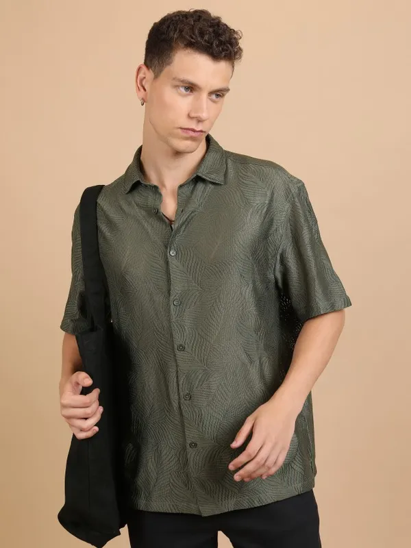  Highlander Men Olive Self Design Oversized Fit Casual Shirts