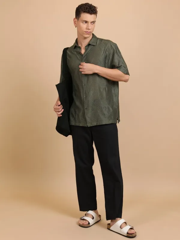  Highlander Men Olive Self Design Oversized Fit Casual Shirts