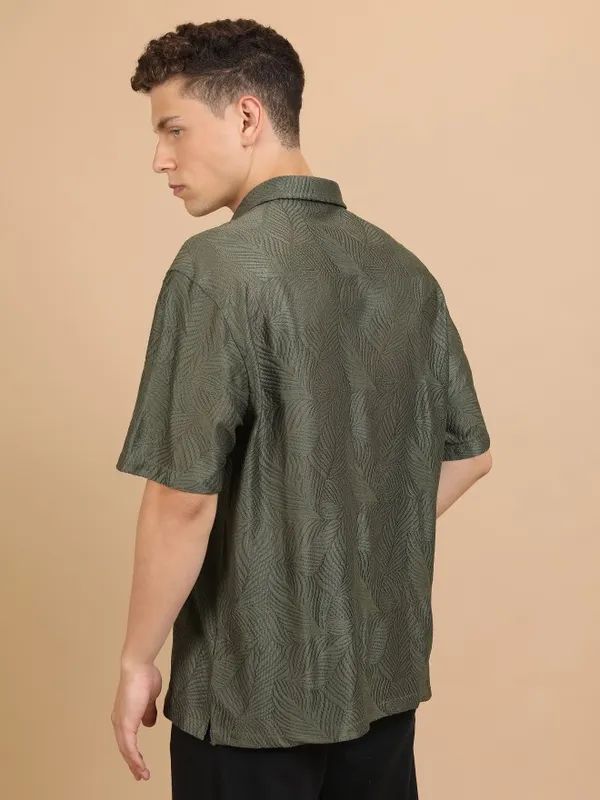  Highlander Men Olive Self Design Oversized Fit Casual Shirts