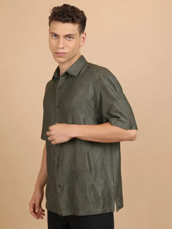  Highlander Men Olive Self Design Oversized Fit Casual Shirts